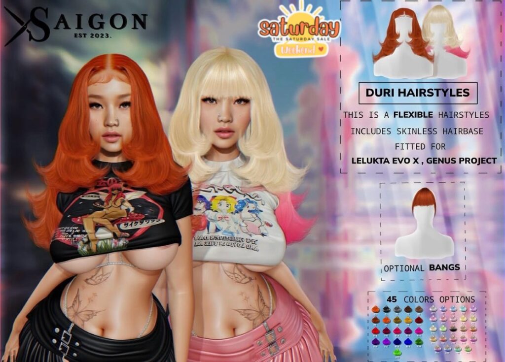 Duri Hairstyles		&lt;a href=&quot;http://maps.secondlife.com/secondlife/SAIGONESE/82/134/23&quot; target=&quot;_blank&quot;&gt;Teleport&lt;/a&gt;