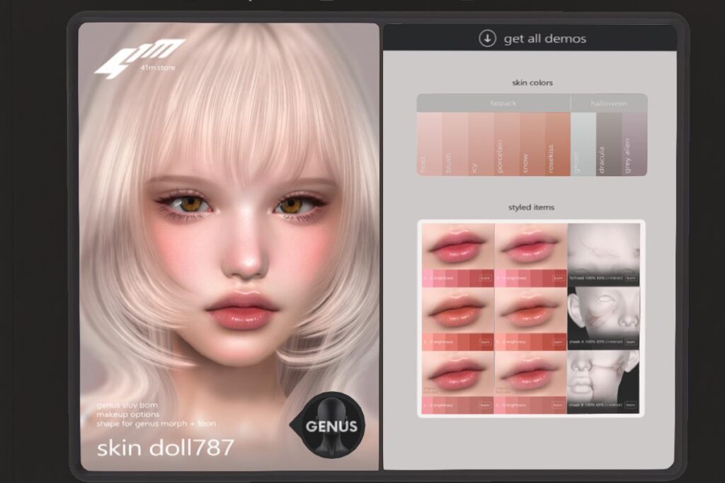 Doll 787 Skin - Genus Morph, L$799 each | 787 Lips - Genus Morph, L$299 each | Face Crack - Genus Morph, L$99 each
