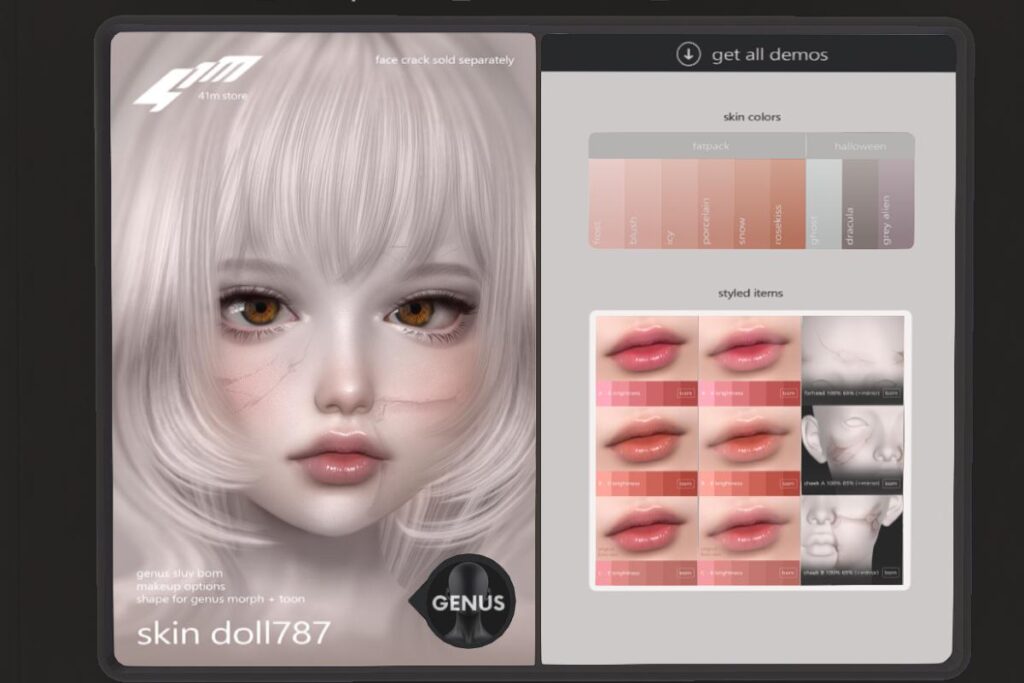 Doll 787 Skin - Genus Morph, L$799 each | 787 Lips - Genus Morph, L$299 each | Face Crack - Genus Morph, L$99 each