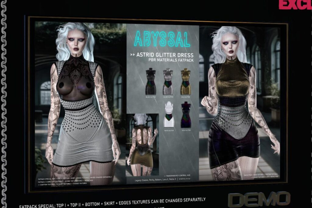 Astrid Glitter Dress - Legacy/MaitreyaX/+mods, L$399 each/L$1299 FP
