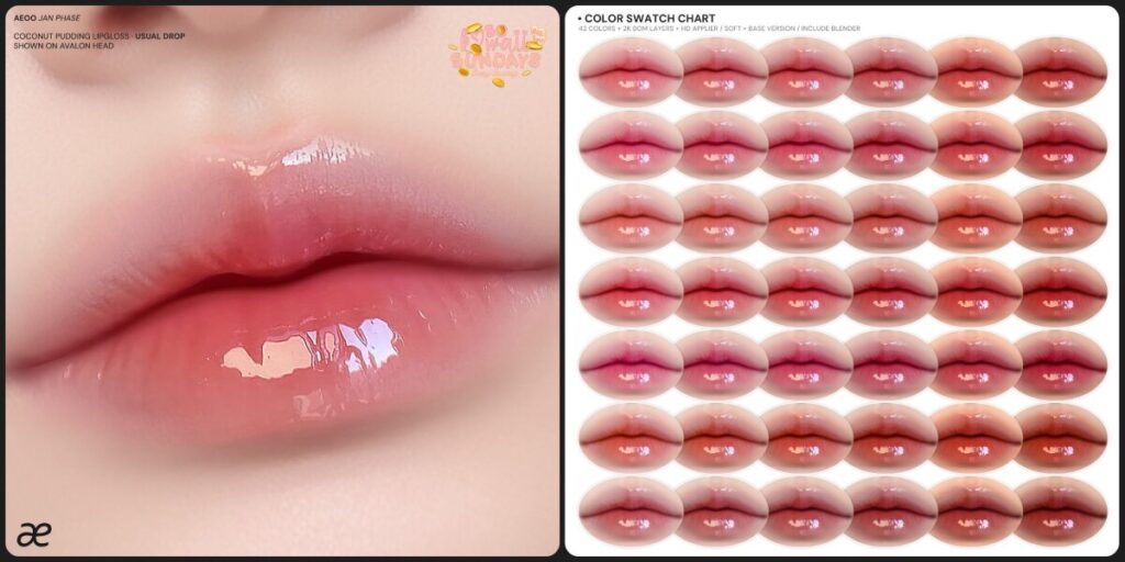 Coconut Pudding Lipgloss - EvoX	<a href="http://maps.secondlife.com/secondlife/Dove/91/43/1108" target="_blank">Teleport</a>