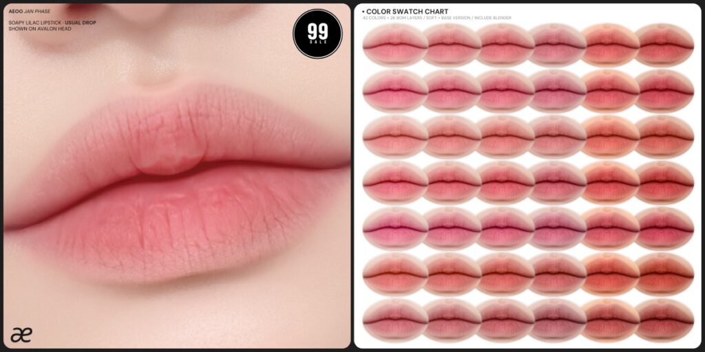 Soapy Lilac Lipstick - EvoX	<a href="http://maps.secondlife.com/secondlife/Dove/91/43/1108" target="_blank">Teleport</a>