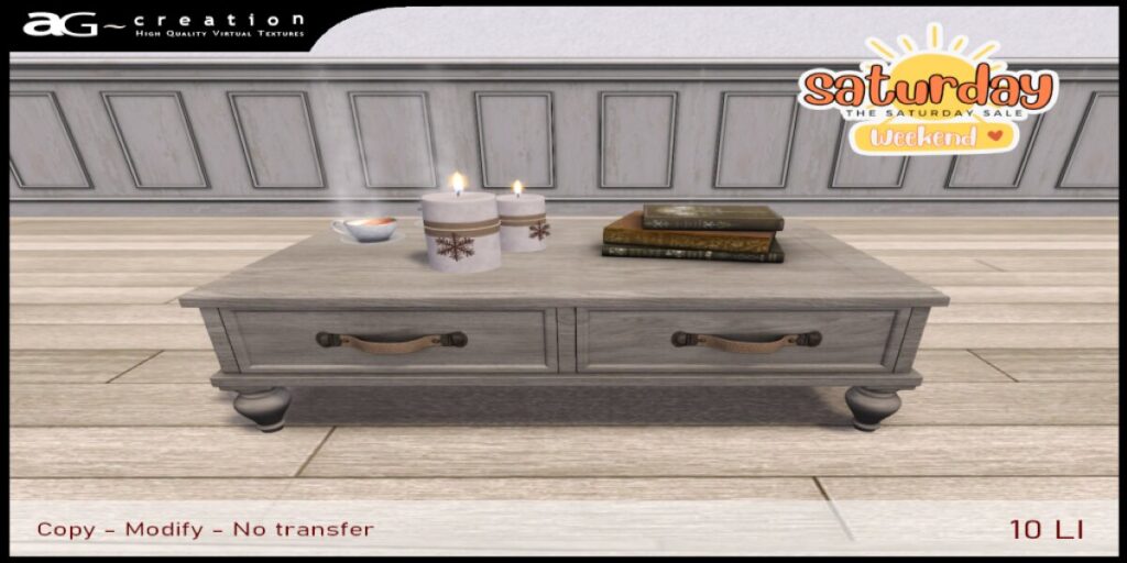 Miel Coffee Table	<a href="http://maps.secondlife.com/secondlife/Tahiti%20Isle/223/169/3702" target="_blank">Teleport</a>