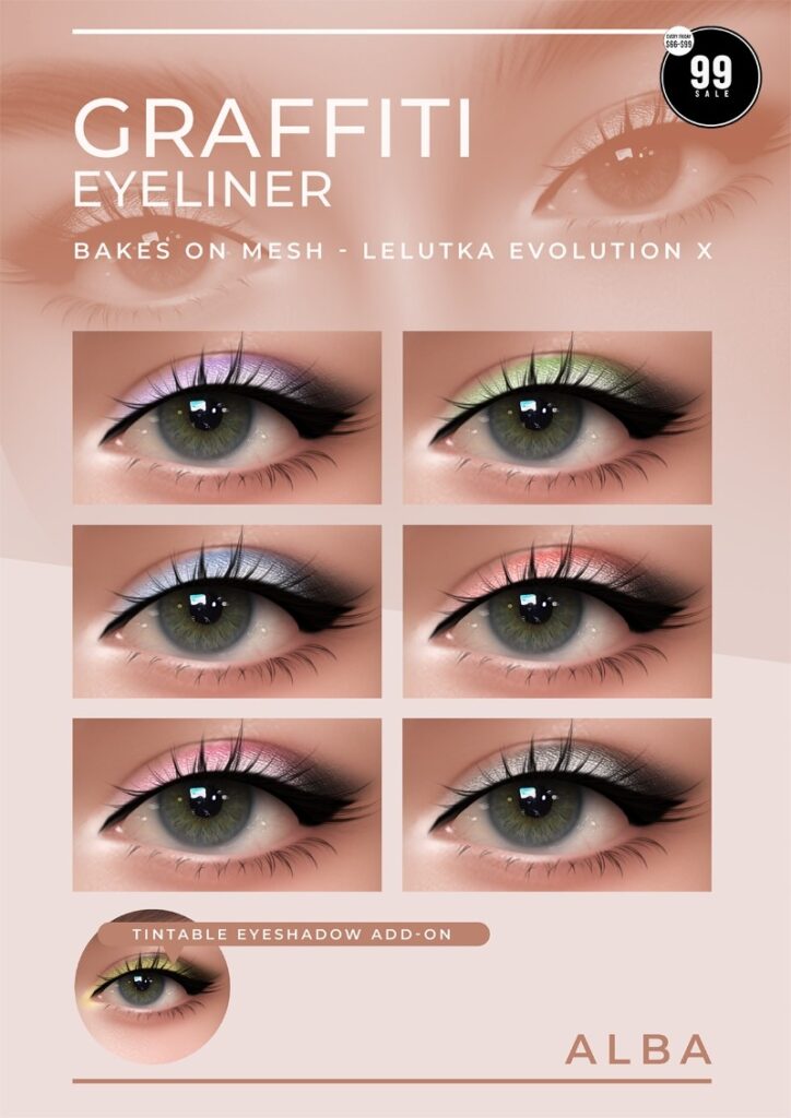 Graffiti Eyeliner - EvoX	<a href="http://maps.secondlife.com/secondlife/AmCoz/200/144/2106" target="_blank">Teleport</a>