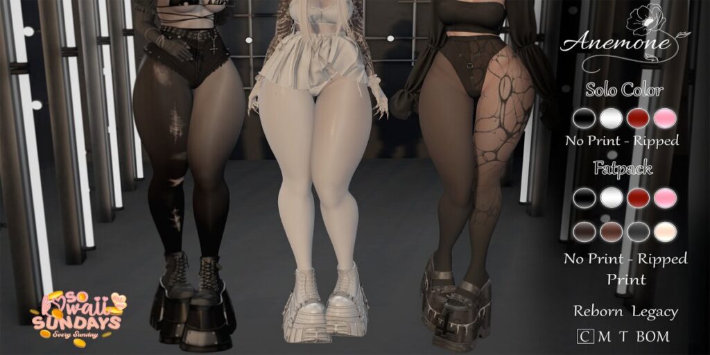 Anem Pantyhose - BOM	<a href="http://maps.secondlife.com/secondlife/Lakecoast/223/95/1802" target="_blank">Teleport</a>