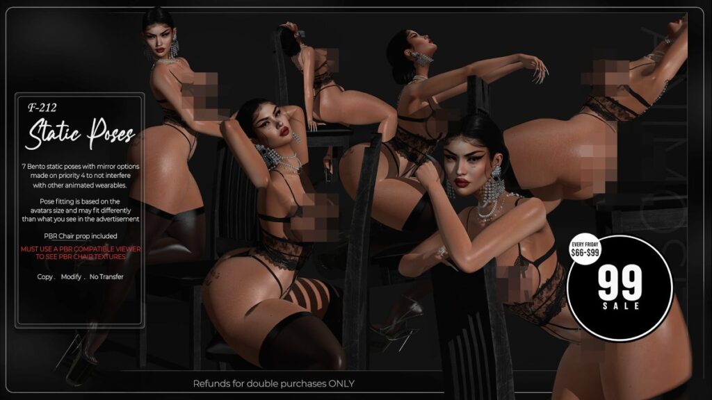 F212 Poses with Prop	<a href="http://maps.secondlife.com/secondlife/Cravone/198/133/30" target="_blank">Teleport</a>