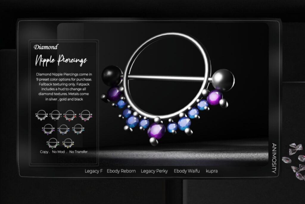 Diamond Nipple Piercings - Inithium/Legacy/Reborn/+mods, L$299 each/L$1199 FP