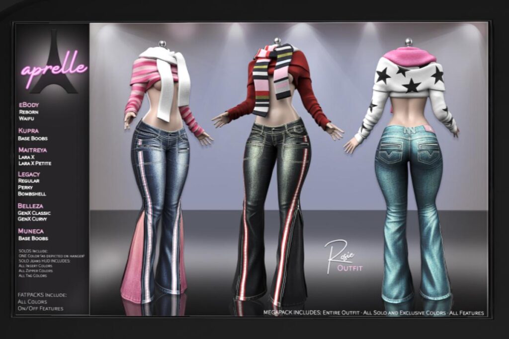 Rosie Sweater, Jeans and Scarf - GenX/Inithium/Legacy/MaitreyaX/Reborn/+mods, L$269-L$299 each/L$899-L$999 each FP/L$1999 MP