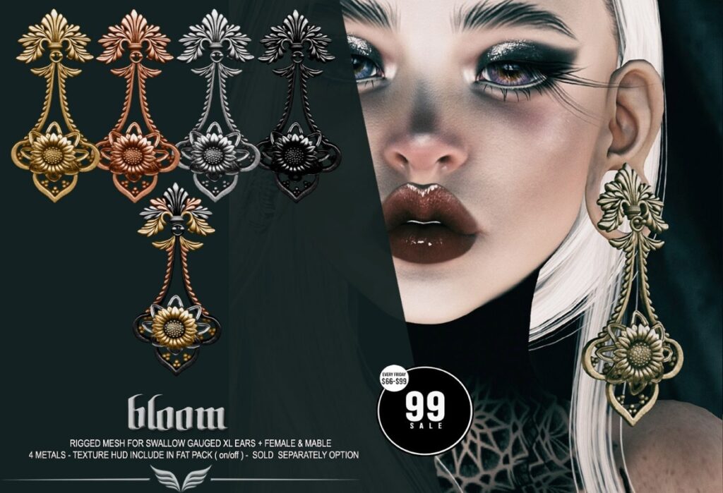 Bloom Earrings - Swallow Gauged Ears XL F+M	<a href="http://maps.secondlife.com/secondlife/Amazing%20Dreams/52/206/2514" target="_blank">Teleport</a>