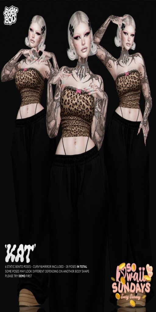 Kat Poses	<a href="http://maps.secondlife.com/secondlife/Cult%20Grounds/16/23/1022" target="_blank">Teleport</a>