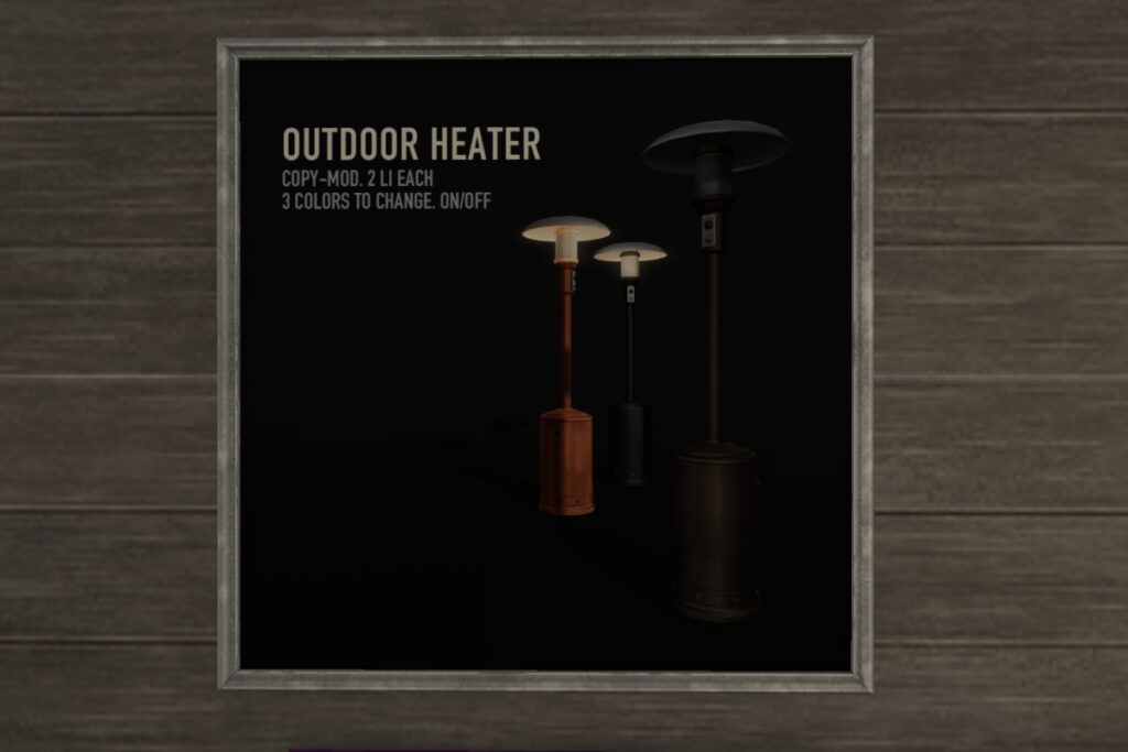 Outdoor Heater	<a href="http://maps.secondlife.com/secondlife/chopsticks/86/35/29" target="_blank">Teleport</a>