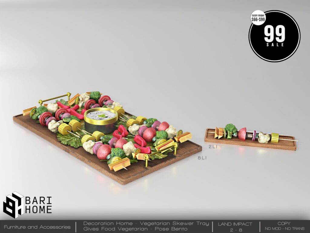 Vegetarian Skewer Tray Dispenser &amp; Decor	<a href="http://maps.secondlife.com/secondlife/Magic%20Sky/192/144/2022" target="_blank">Teleport</a>