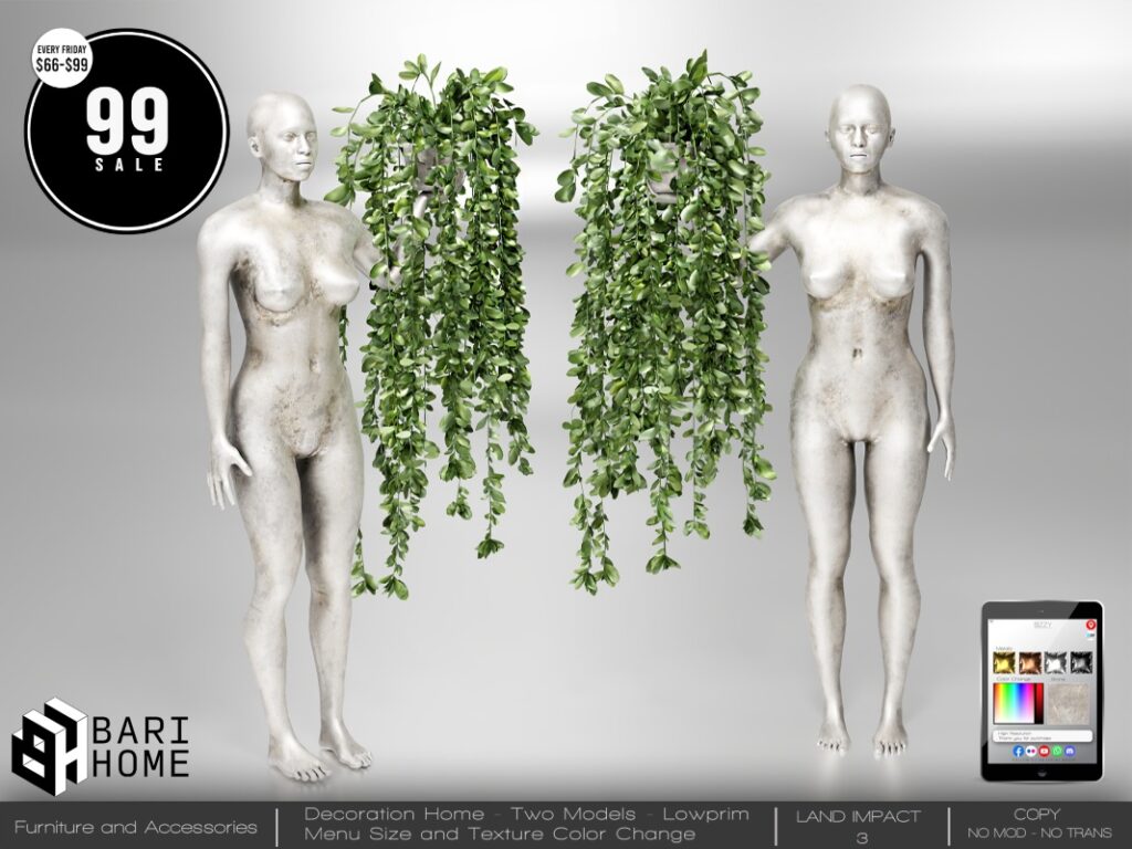 Sculpture Woman Plant Hanging	<a href="http://maps.secondlife.com/secondlife/Magic%20Sky/196/142/2022" target="_blank">Teleport</a>