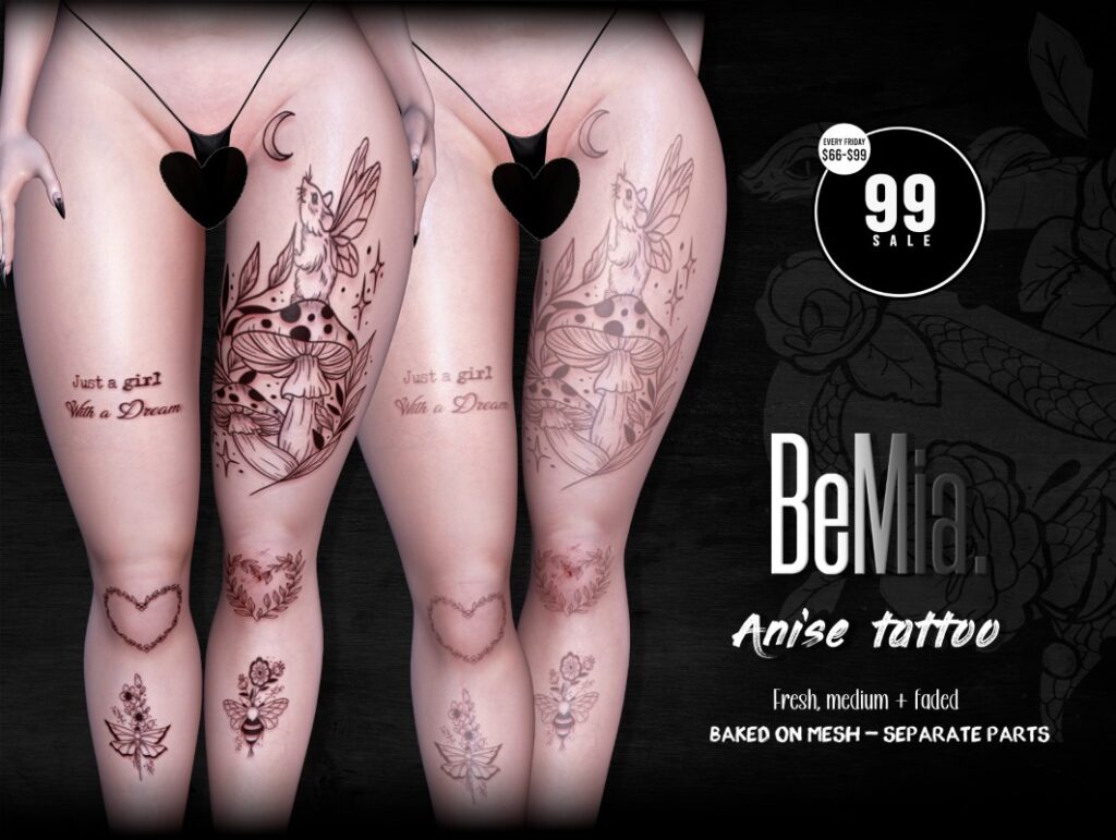 Anise Tattoo - BOM	<a href="http://maps.secondlife.com/secondlife/Rosehaven/218/121/2501" target="_blank">Teleport</a>
