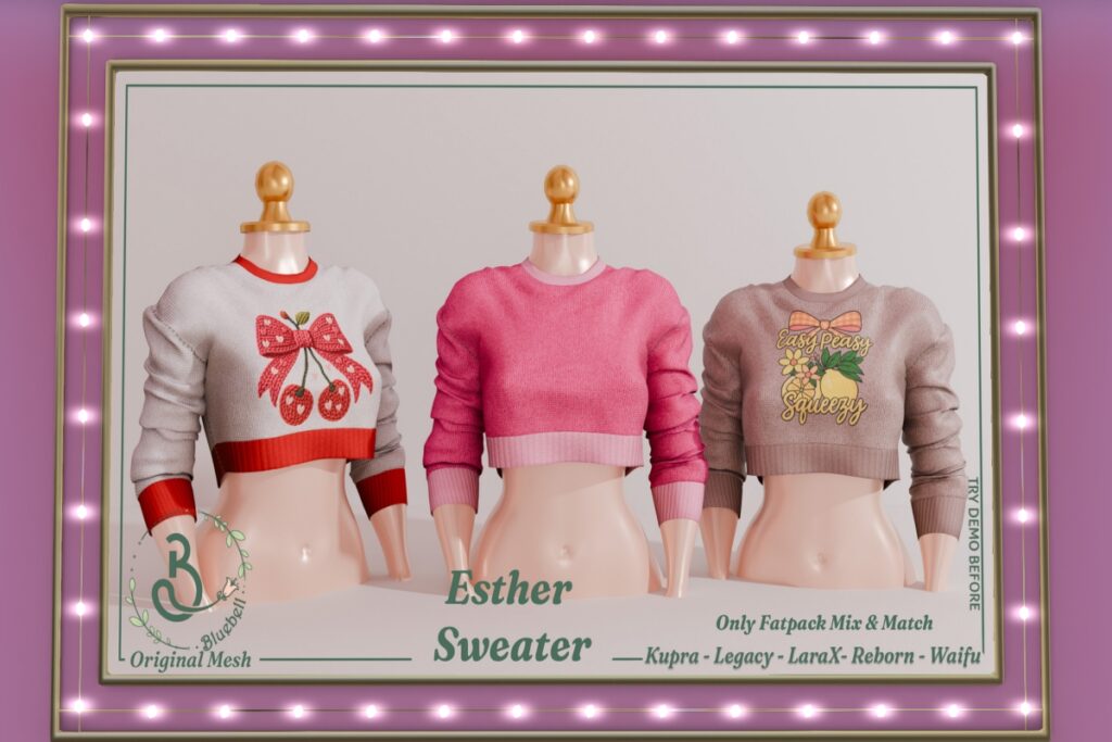 Esther Sweater - Inithium/Legacy/MaitreyaX/Reborn/+mods, L$250 each/L$1450 FP
