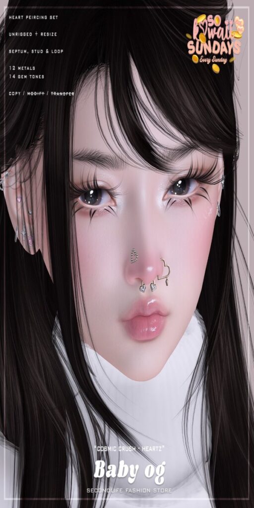 Cosmic Crush Heartz Piercings	<a href="https://maps.secondlife.com/secondlife/Hayfield/191/131/706" target="_blank">Teleport</a>