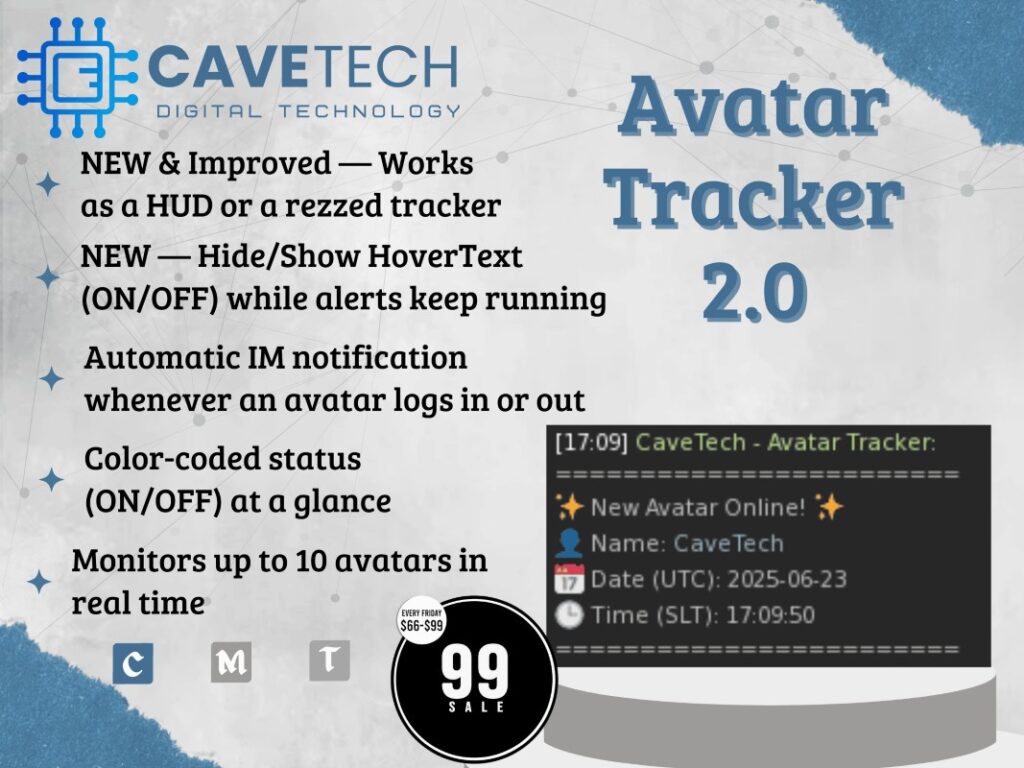 Avatar Tracker 2.0	<a href="http://maps.secondlife.com/secondlife/Bekkers/85/98/1505" target="_blank">Teleport</a>