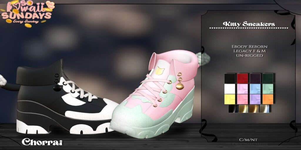 Kitty Sneakers - Legacy M+F/Reborn	<a href="http://maps.secondlife.com/secondlife/Blume/159/93/3757" target="_blank">Teleport</a>