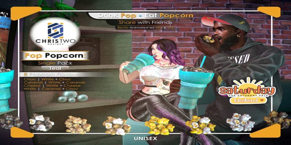 Pop Popcorn Interactive Item	<a href="http://maps.secondlife.com/secondlife/Chris%20Two%20Designs/128/129/15" target="_blank">Teleport</a>