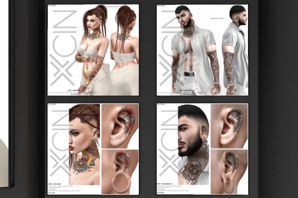 Studio Riot and Analog Heat Tattoos - EvoX, L$349 each | 210 E. Ink v1 and v2 Ear Tattoos - EvoX Ears/Swallow Ears, L$99 each