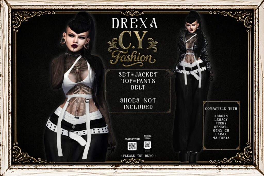 Drexa Jacket, Top, Pants, &amp; Belt - GenX/Legacy/Maitreya/Reborn/+mods, L$149-L$210 each/L$1799 FP