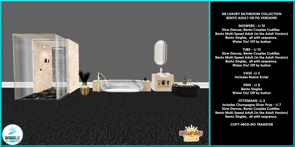 Luxury Bathroom Collection	<a href="http://maps.secondlife.com/secondlife/Casvian%20Caye/164/75/22" target="_blank">Teleport</a>