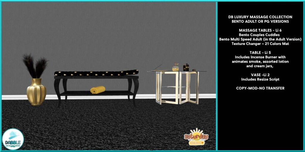 Luxury Massage Collection	<a href="http://maps.secondlife.com/secondlife/Casvian%20Caye/164/75/22" target="_blank">Teleport</a>