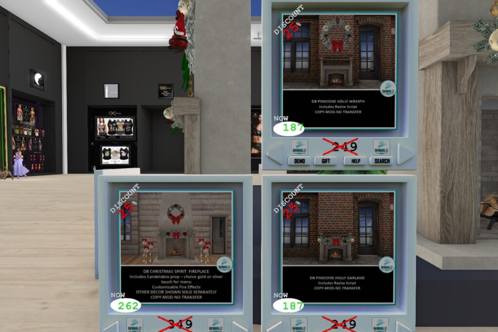 Pinecone Holy Wreath, L$187 | Christmas Spirit Fireplace, L$262 | Pinecone Holly Garland, L$187