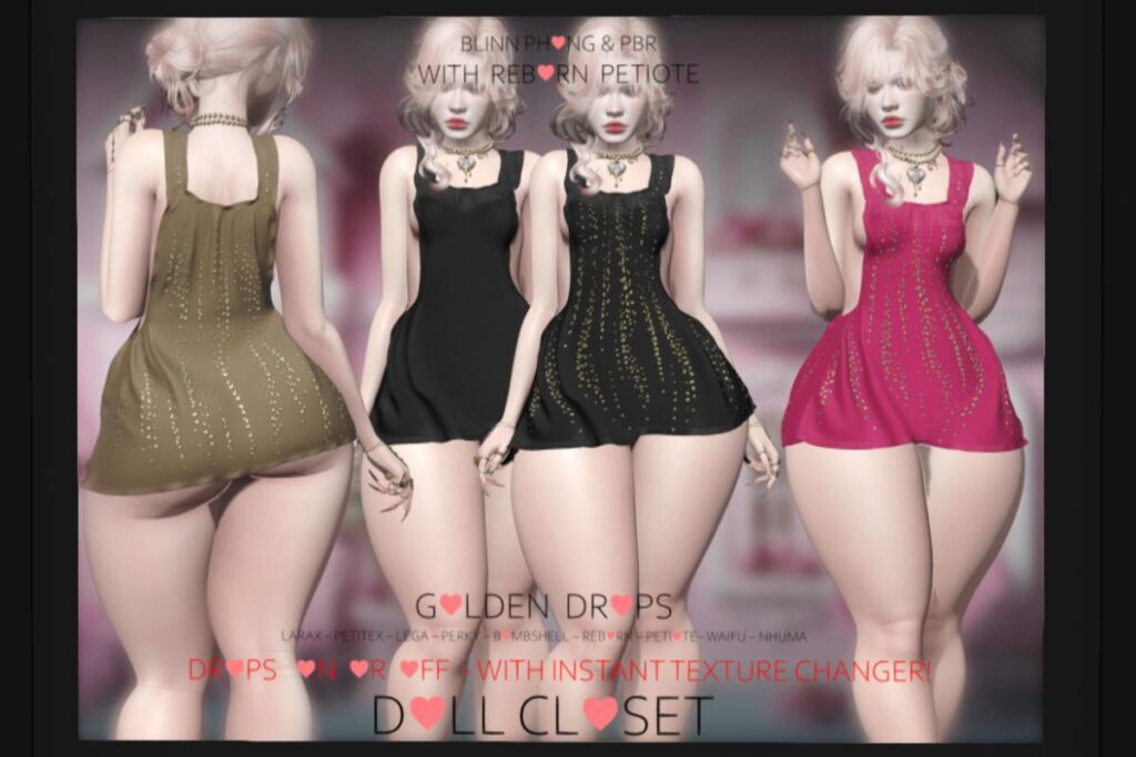 Golden Drops Dress - Legacy/MaitreyaX/Nhumana/Reborn/+mods, L$699 each/L$1999 FP