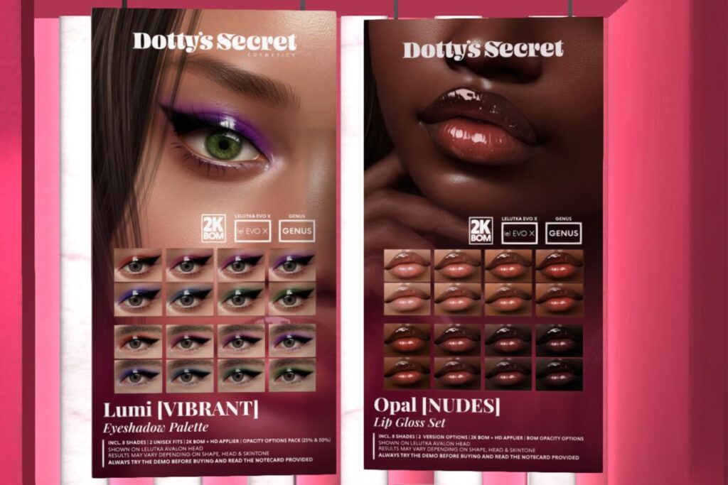 Lumi Eyeshadows - Evo X/Genus, L$200 each | Opal Lip Gloss - Evo X/Genius, L$200 each