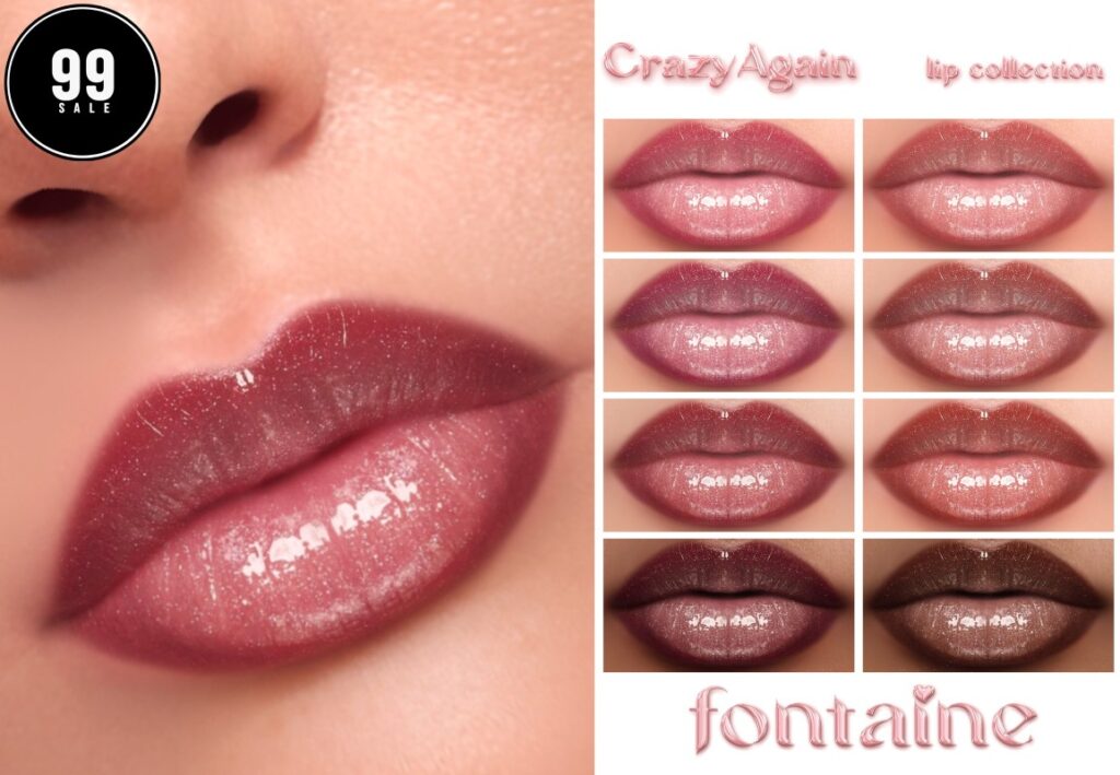 Crazy Again Lipsticks - Fits Not Listed	<a href="https://maps.secondlife.com/secondlife/VELOUR/66/140/83" target="_blank">Teleport</a>