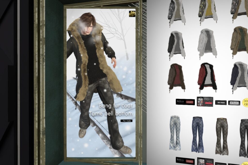 Bang Fur Coat - Jake/Legacy/+mods, L$207 each/L$840 FP | Tame Bell Bottoms - Jake/Legacy/+mods, L$175 each/L$840 FP