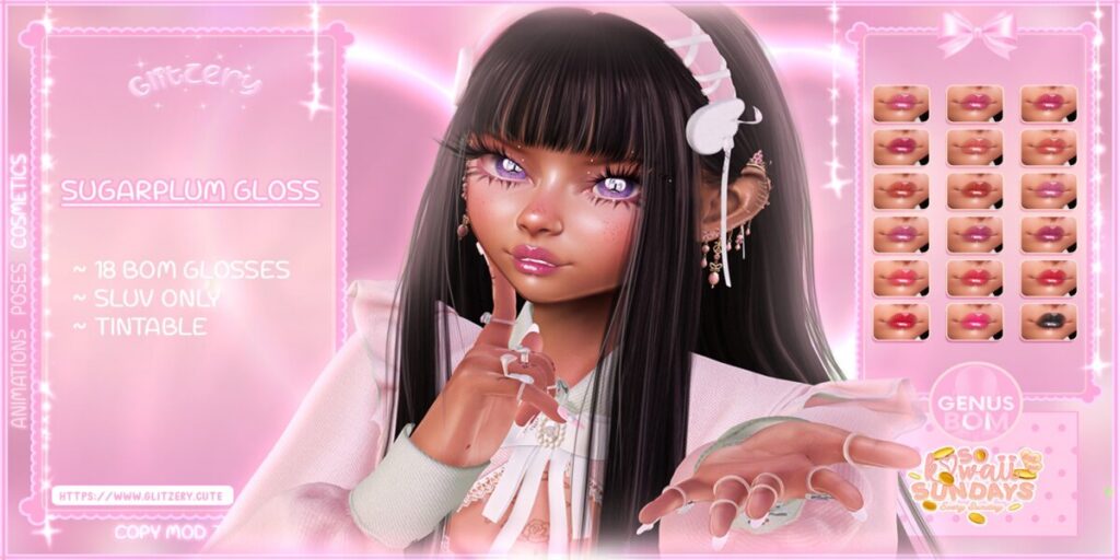 Sugarplum Gloss - Genus	<a href="http://maps.secondlife.com/secondlife/Zodiac/207/46/602" target="_blank">Teleport</a>