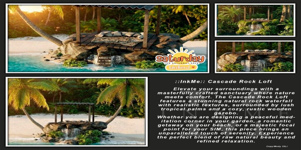 Cascade Rock Loft	<a href="http://maps.secondlife.com/secondlife/Bee%20Designs/191/85/22" target="_blank">Teleport</a>