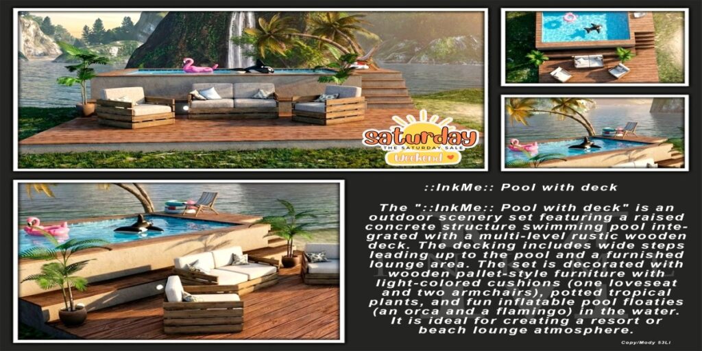 Pool With Deck	<a href="http://maps.secondlife.com/secondlife/Bee%20Designs/191/85/22" target="_blank">Teleport</a>