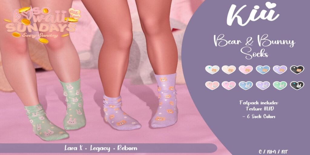 Bear &amp; Bunny Socks - Legacy/MaitreyaX/Reborn	<a href="http://maps.secondlife.com/secondlife/Berwick%20Land/47/97/988" target="_blank">Teleport</a>