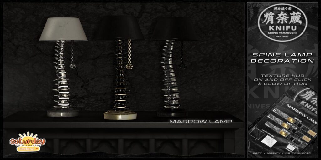 Spine Lamp Decoration	<a href="http://maps.secondlife.com/secondlife/Shinigami/95/223/3" target="_blank">Teleport</a>