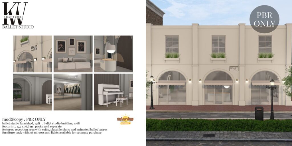 Ballet Studio Furnished Building	<a href="http://maps.secondlife.com/secondlife/KraftWork/230/122/21" target="_blank">Teleport</a>