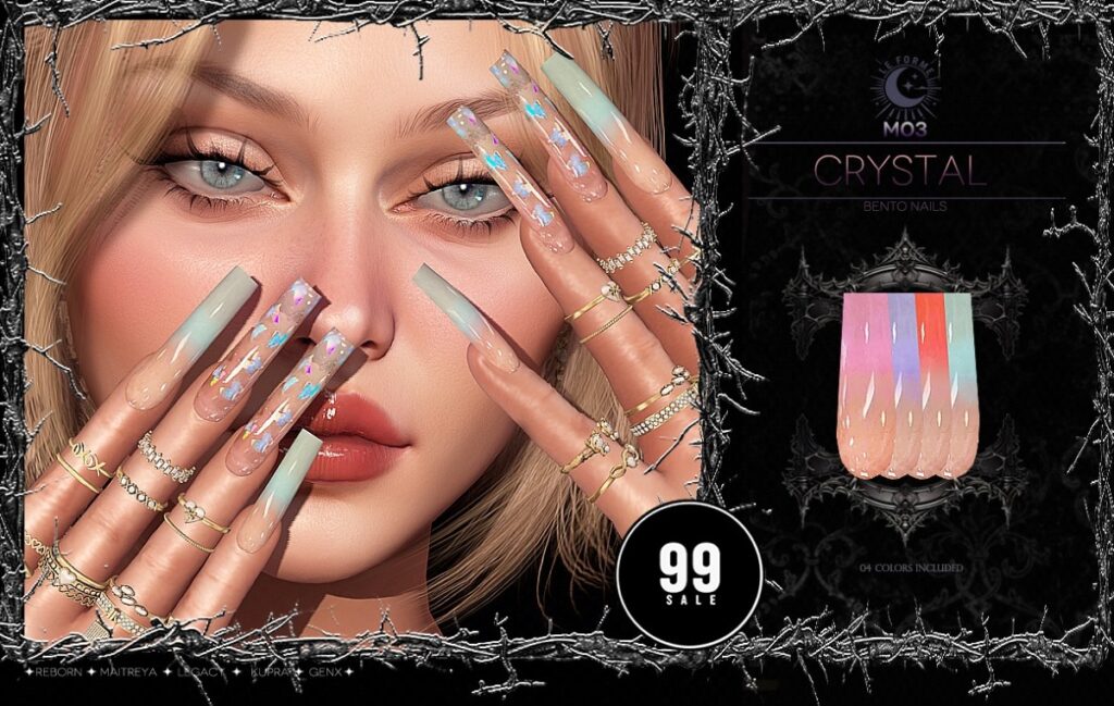 M03 Crystal Nails - GenX/Inithium/Legacy/Maitreya/Reborn	<a href="http://maps.secondlife.com/secondlife/Flamingo%20District/208/76/2203" target="_blank">Teleport</a>