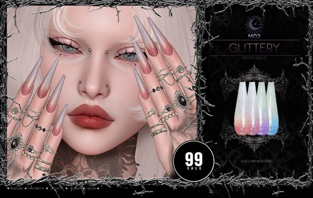 M02 Glittery Nails - GenX/Inithum/Legacy/Maitreya/Reborn	<a href="http://maps.secondlife.com/secondlife/Flamingo%20District/211/78/2203" target="_blank">Teleport</a>