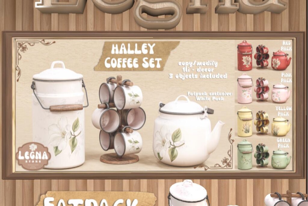 Halley Coffee Set, L$249 each/L$899 FP