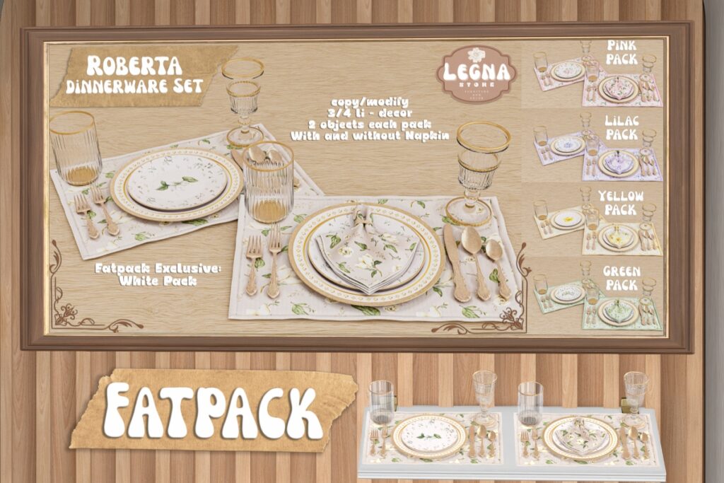 Roberta Dinnerware Decor Set, L$249 each/L$899 FP