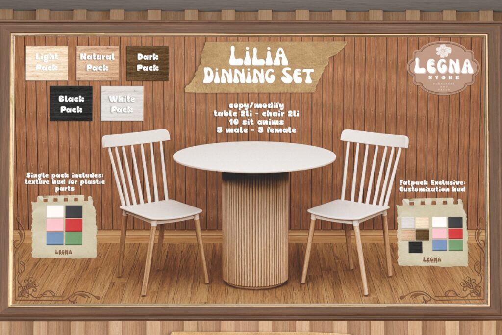 Lilia Dining Decor Set, L$349 each/L$1200 FP