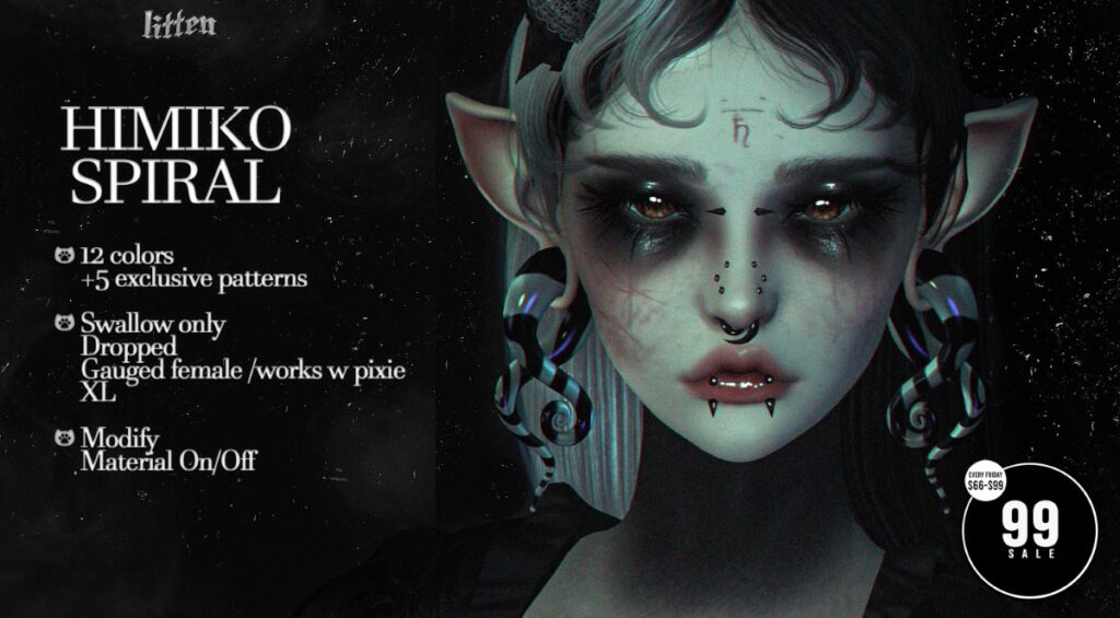 Himiko Spiral Earrings - See Ad for Fits	<a href="http://maps.secondlife.com/secondlife/Tomoeda/86/145/27" target="_blank">Teleport</a>