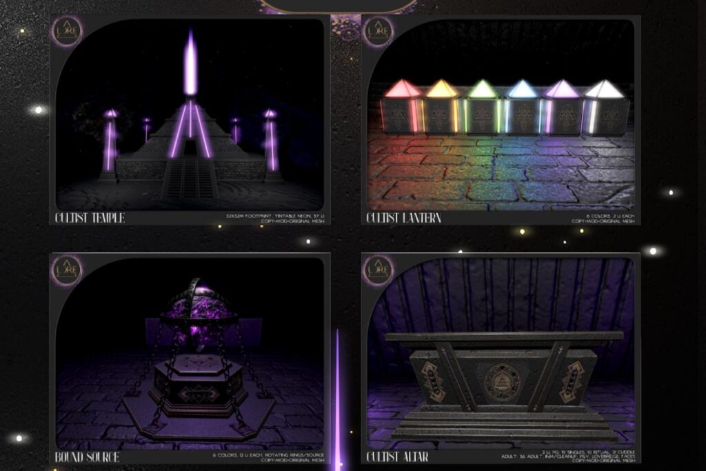 Cultist Temple, L$550 | Cultist Lantern, $275 | Bounce Source, L$350 | Cultist Altar, L$500 PG/L$1000 Adult