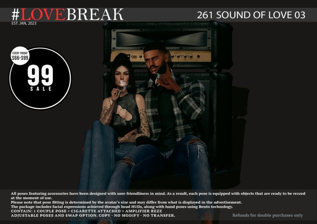 261 Sound of Love 03 Couple Pose with Props	<a href="http://maps.secondlife.com/secondlife/Bloom%20Light/30/241/34" target="_blank">Teleport</a>