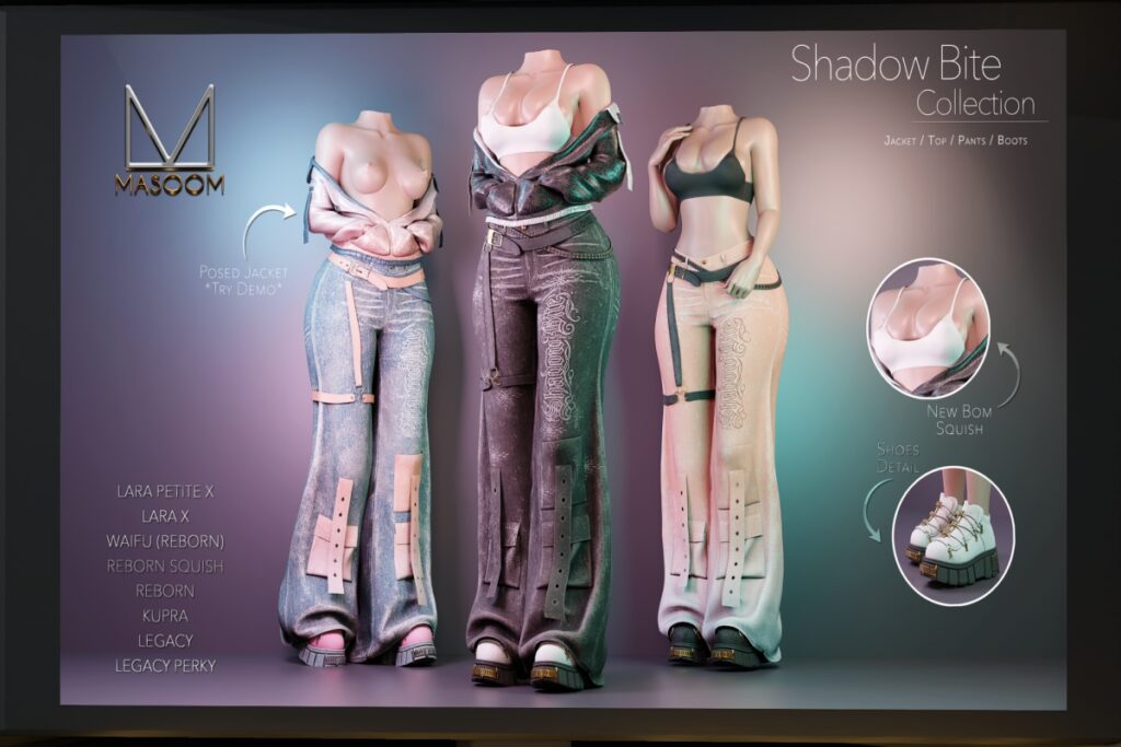 Shadow Bite Collection Outfit - Inithium/Legacy/MaitreyaX/Reborn/+mods, L$255 each/L$555-L$1555 each FP/L$2955 MP