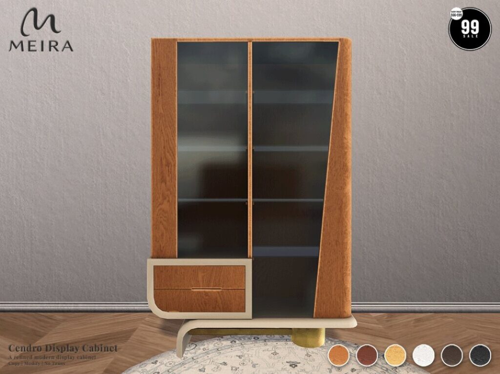 Cendro Display Cabinet	<a href="http://maps.secondlife.com/secondlife/Crystal%20Kingdom/15/160/22" target="_blank">Teleport</a>