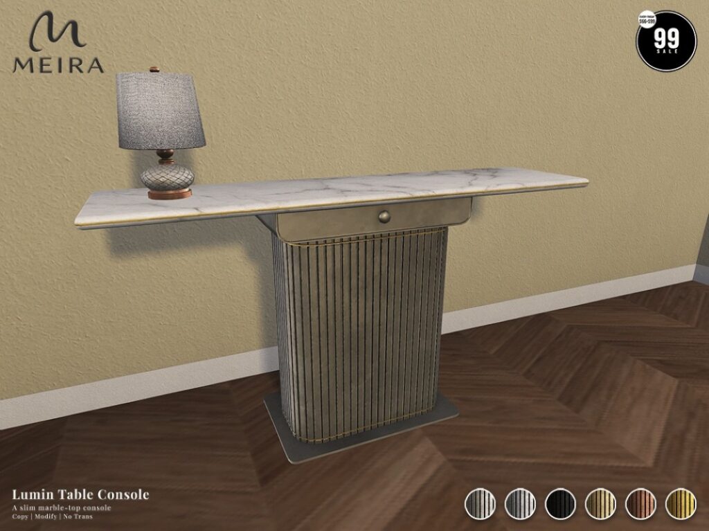 Lumin Table Console Decor	<a href="http://maps.secondlife.com/secondlife/Crystal%20Kingdom/15/160/22" target="_blank">Teleport</a>