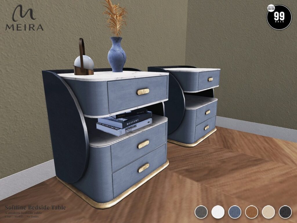 Softline Bedside Table	<a href="http://maps.secondlife.com/secondlife/Crystal%20Kingdom/15/160/22" target="_blank">Teleport</a>